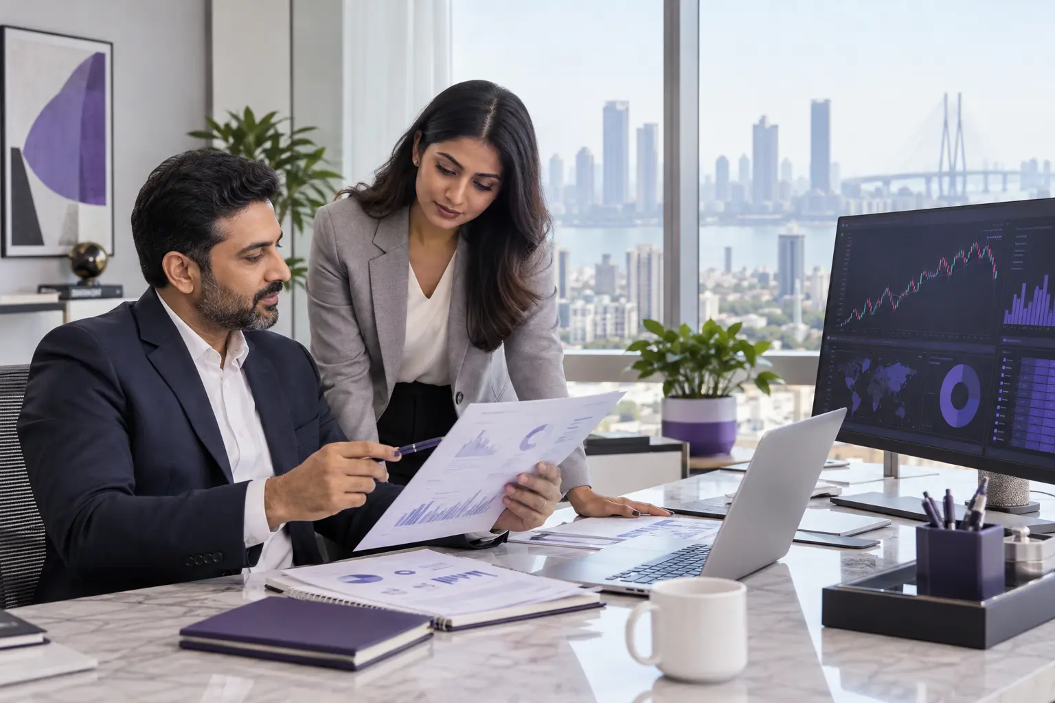 Financial professionals reviewing equity-market research in a Mumbai office