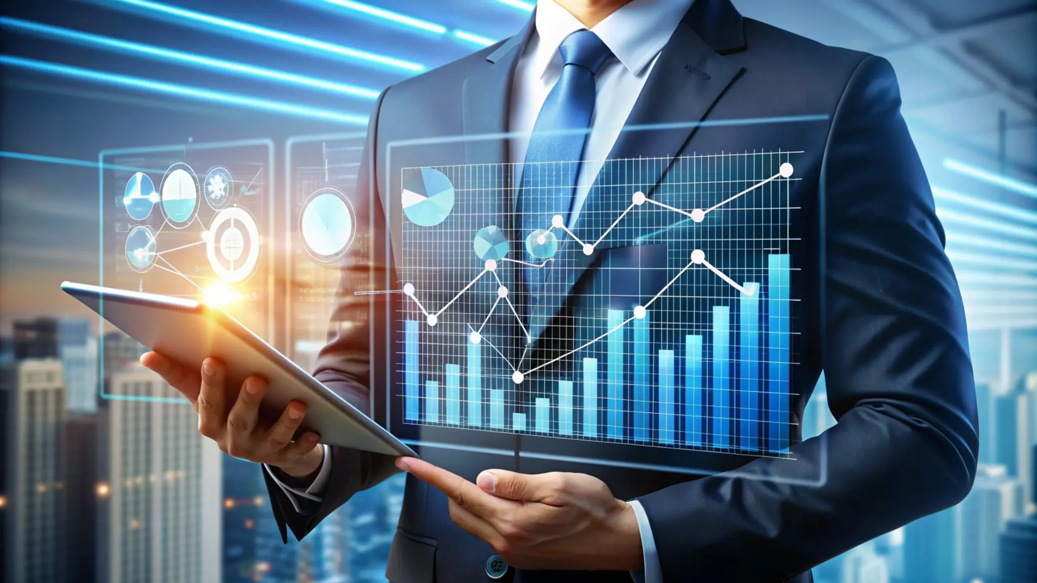 Market analyst reviewing printed financial data beside a laptop